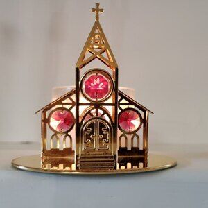 Vintage Crystal Delight 24K Gold Plated Church Figurine Pink Crystal Windows